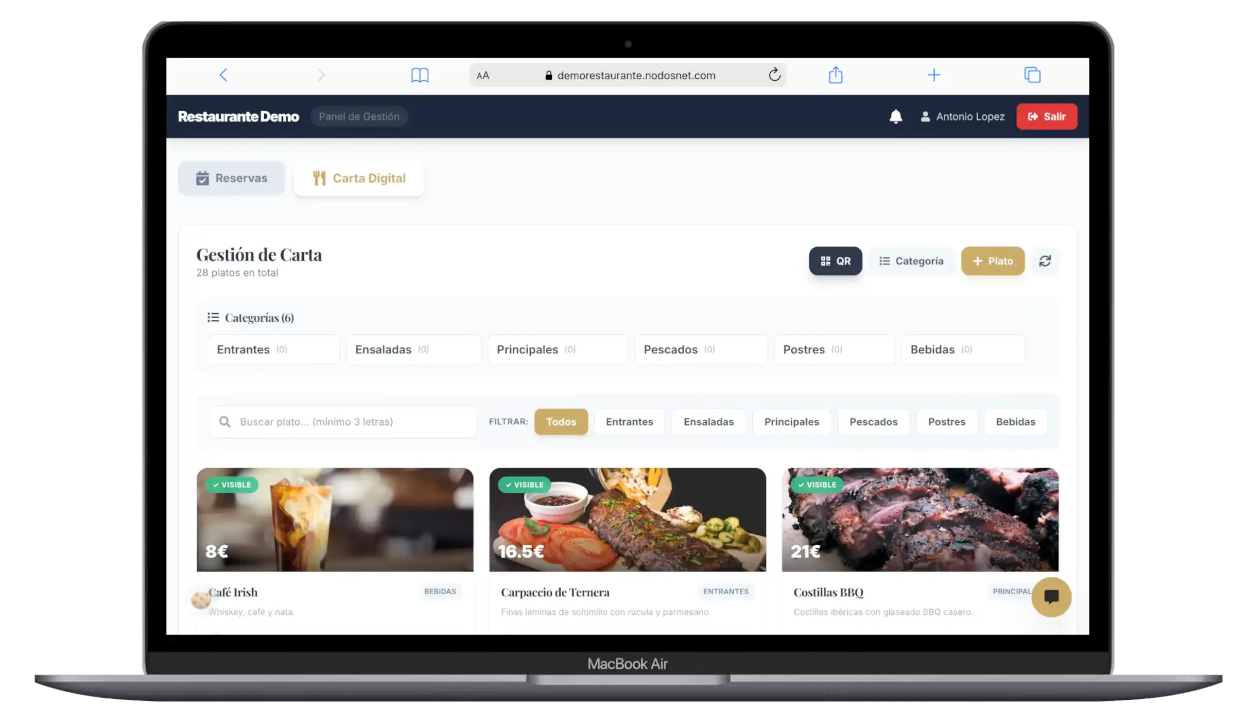 Screenshot of the restaurant management app